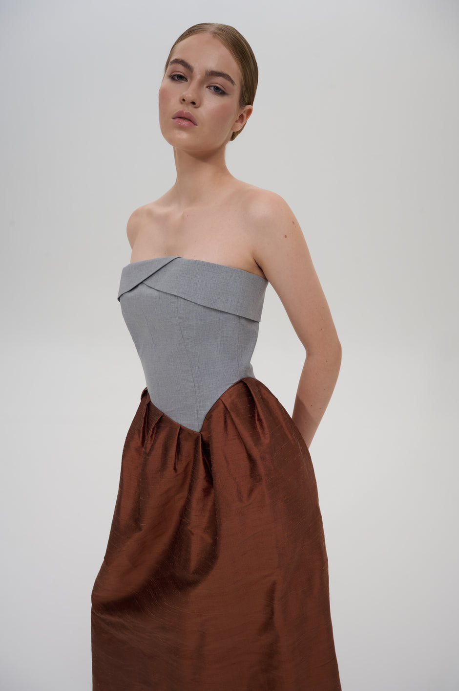 scoop women's faux leather strapless pleated midi dress Faux Leather Strapless Midi Dress